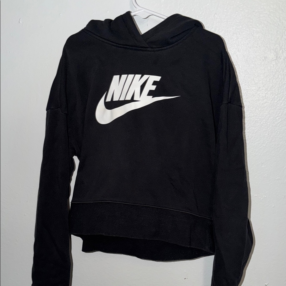 Nike Girls Black Crop Hoodie with White Swoosh Logo